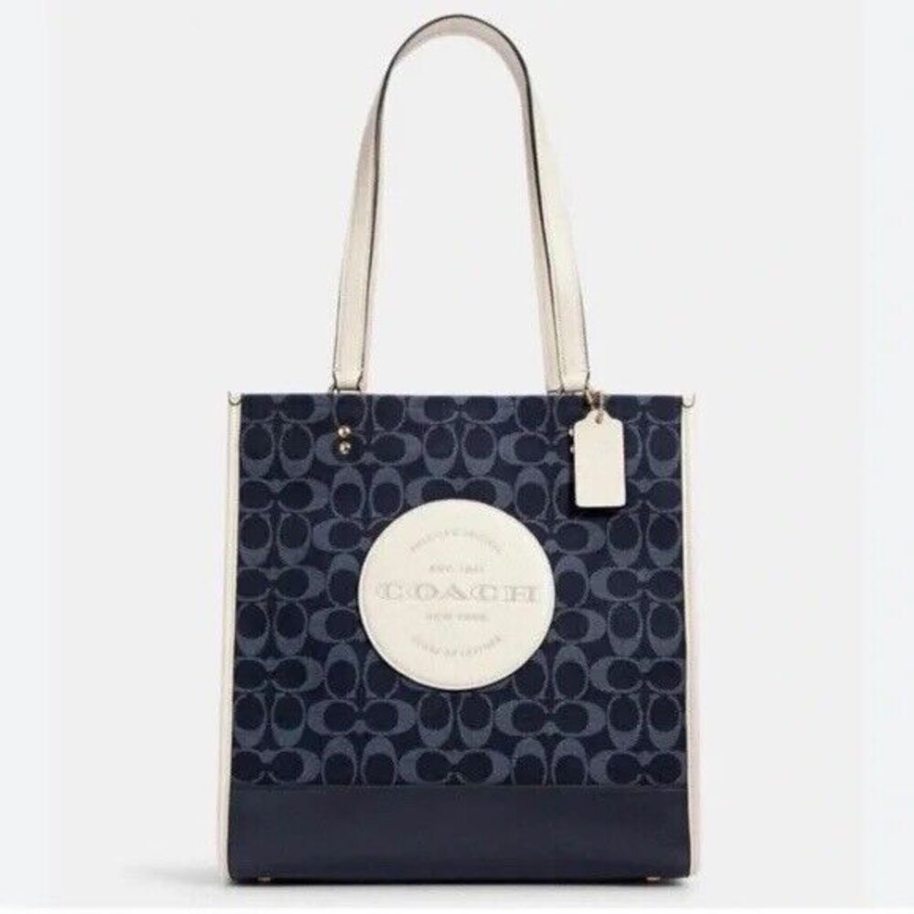 Coach Dempsey Tote Bag 22 In Signature Jacquard Denim Multi Coach Patch C8582